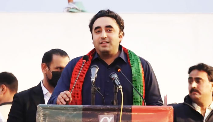 PPP Chairman Bilawal Bhutto-Zardari addresses a public rally in Hyderabad in this still taken from a video on February 4, 2024. —X/@MediaCellPPP