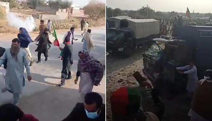 PTI workers clash with police officials in KPs Karak district on February 4, 2024, in these stills taken from videos. — Geo News
