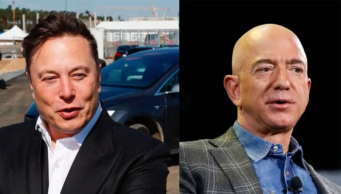 Elon Musk and Jeff Bezos gesture during separate gatherings. — AFP/File