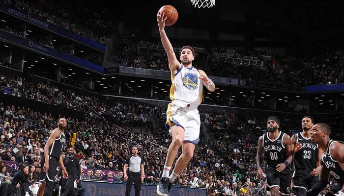 Klay Thompson (11) of the Golden State Warriors shoots the ball during a game against the Brooklyn Nets Feb. 5, 2024, at Barclays Center in Brooklyn. — Fox News