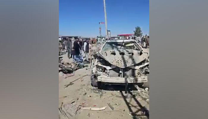 A damaged car is seen at the blast site in Pishin, Balochistan, in this still taken from a video on February 7, 2024. — Geo News
