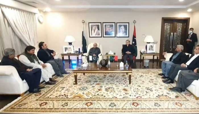PML-N delagtion meets PPP leaders at Bilawal House in Lahore in this still taken from a video on February 11, 2024. — X/MediaCellPPP
