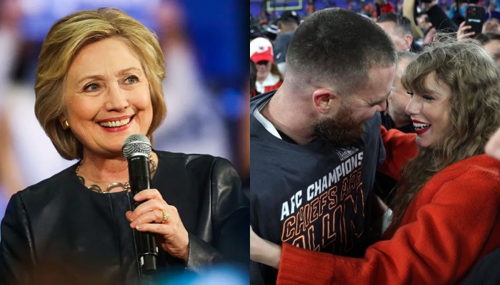Former US Secretary of State Hillary Clinton (left) and Travis Kelce, Taylor Swift celebrating Super Bowl win. —X/@Gennefer/File