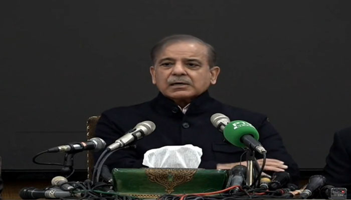 PML-N President Shehbaz Sharif is addressing a press conference in Islamabad in this still taken from a video on February 13, 2024. — YouTube/Geo News