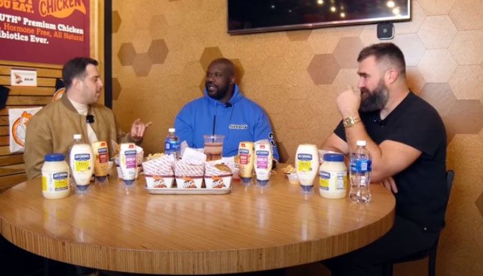 A screengrab from the show The Big Podcast with Shaq featuring Jason Kelce. — Youtube/The Big Podcast with Shaq