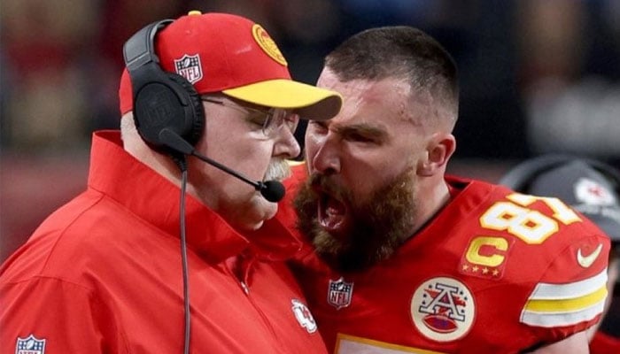 A screengrab from a video online, showing Travis Kelce shouting at his Kansas City Chiefs coach. — X/@bandit__1977