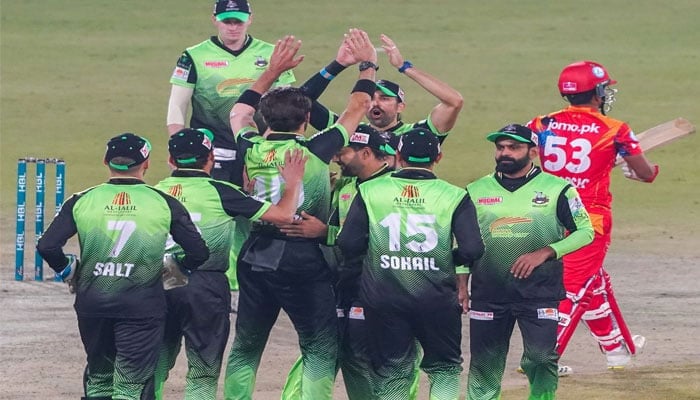 Lahore Qalandars’ players are celebrating after sending a batter of Islamabad United to pavilion. — PCB/File