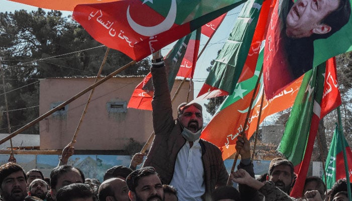 PTI supporters protest outside the office of a Returning Officer in Quetta against the alleged rigging in Pakistan’s national election results, on February 9, 2024. — AFP