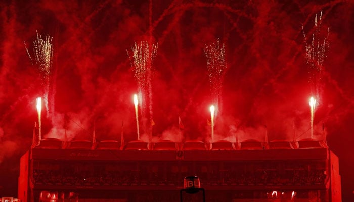 A view of spectacular fireworks at the opening ceremony of the PSL 9 at Lahores Gaddafi Stadium on February 17, 2024. — PSL