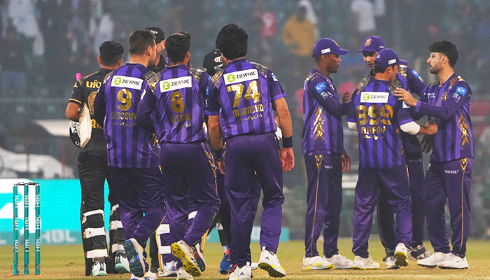 Quetta Gladiators celebrate win against Peshawar Zalmi after exciting match at PSL 9 in Lahore on February 18, 2024. — PCB