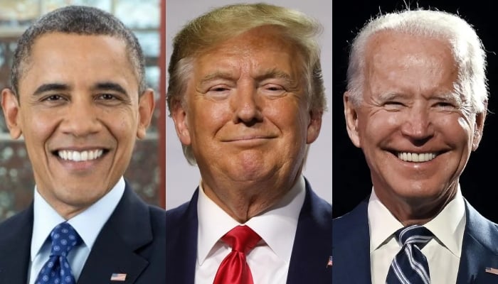 Former presidents Barack Obama (left) and Donald Trump (centre), current US President Joe Biden. — AFP/File