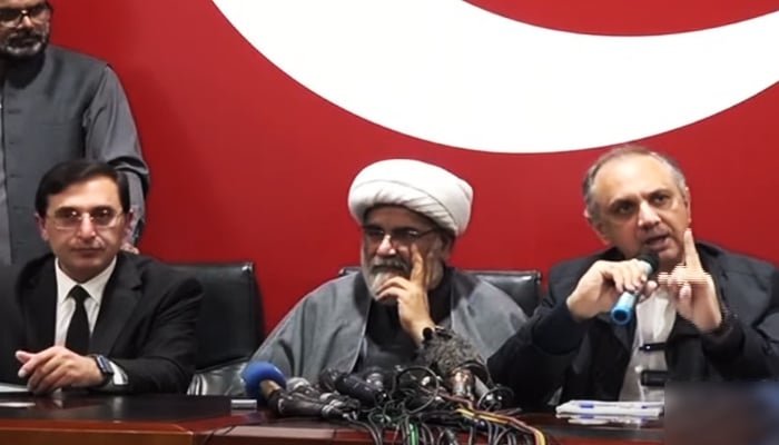 Pakistan Tehreek-e-Insaf and Sunni Ittehad Council leaders address a press conference in Islamabad, on February 19, 2024, in this still taken from a video. — YouTube/GeoNews