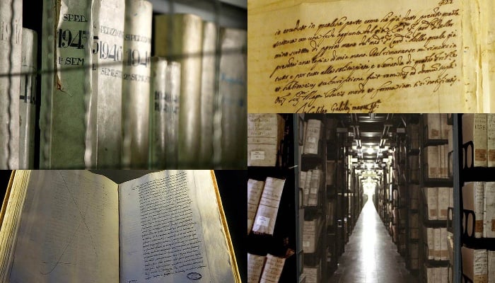 This combination of images show books and aisle from the Vaticans secret archives. — Identiv/File