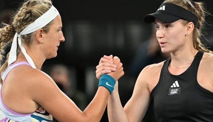 Kazakhstans Elena Rybakina (right) is congratulated by Belarus Victoria Azarenka after their semifinal match at Australian Open. — AFP