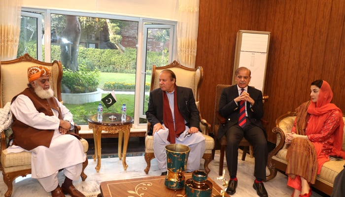 JUI-F Maulana Fazlur Rehman (left) meets PML-N top leaders in this undated image. — PML-N/File