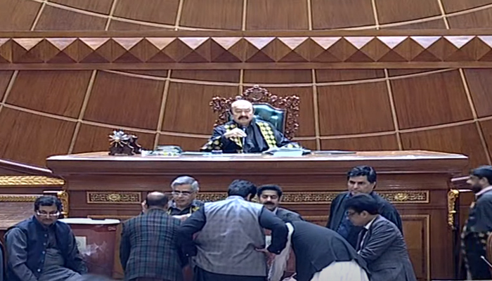 Outgoing Punjab Assembly Speaker Sibtain Khan presiding over the House’s session, on February 24, 2024, in this still taken from a video. — Geo News