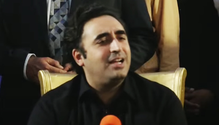PPP Chairman Bilawal Bhutto-Zardari addresses the press conference in Karachi on February 24, 2024, in this still taken from a video. — Geo News