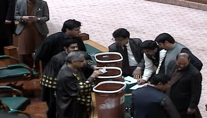 Punjab Assembly’s polling agents counting votes cast for electing the House’s speaker, on February 24, 2024, in this still taken from a video. — Geo News