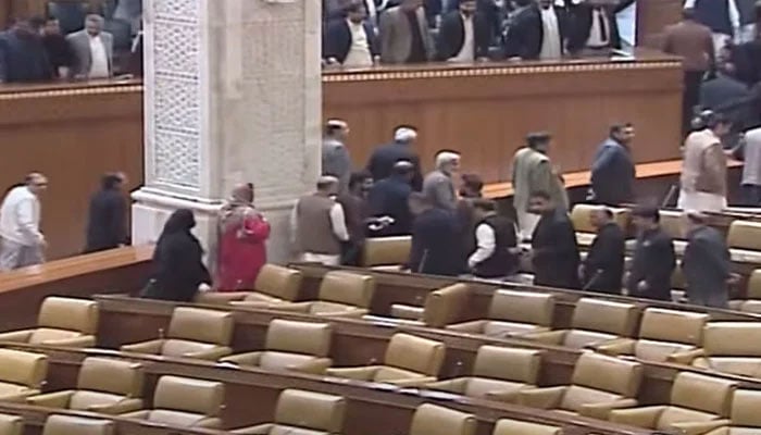 Members of SIC walkout of the Punjab Assembly ahead of the polling for the Punjab chief minister elections. — Screengrab/PTV News