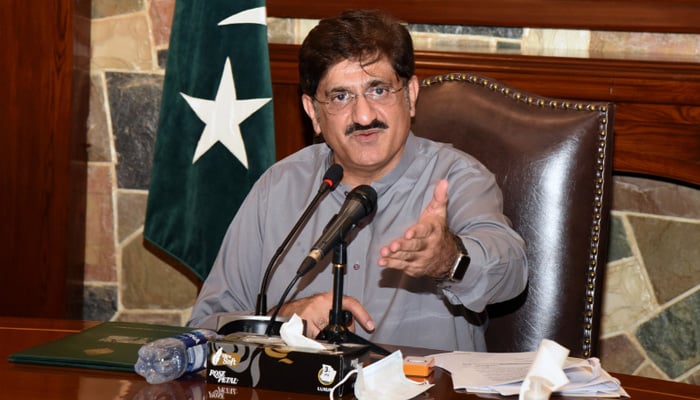 Murad Ali Shah addressing a press conference in Karachi in this undated image. — X/@SindhCMHouse