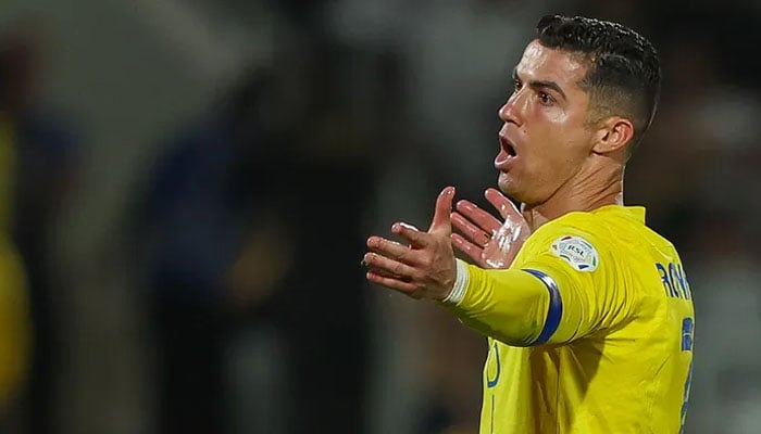 Cristiano Ronaldo of Al-Nassr reacts during the Saudi Pro League match between Al-Shabab and Al-Nassr at Al-Shabab Club Stadium on Feb 25, 2024, in Riyadh, Saudi Arabia. — Yasser Baksh