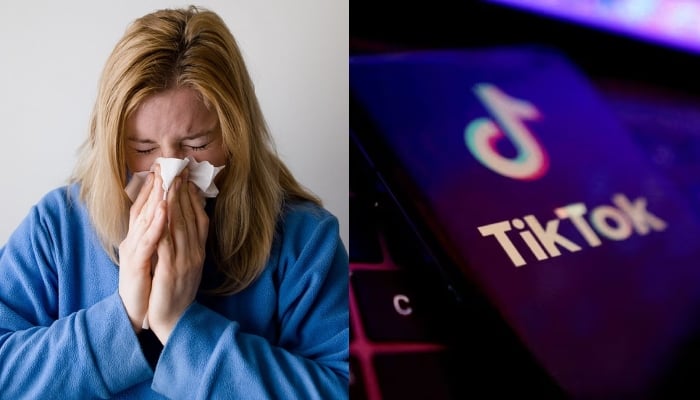 This combination of images shows a sick woman blowing her nose into a tissue and the TikTok logo displayed on a smartphone. — Pixabay, Reuters/File