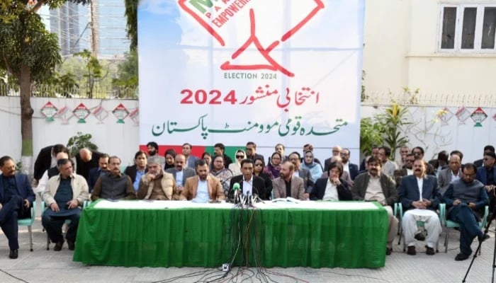 MQM-P leaders address a press conference to unveil the 2024 election manifesto in Karachi on January 4, 2024. — Facebook/@MQM.Pakistan