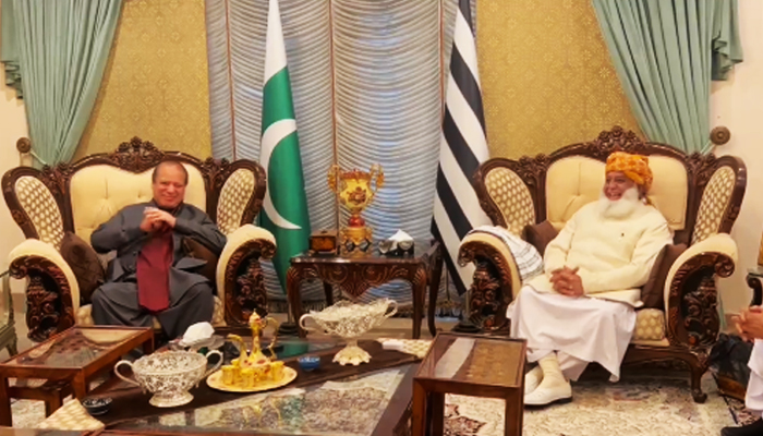 JUI-F Emir Maulana Fazlur Rehman (right) during a meeting with PML-N supremo Nawaz Sharif in Islamabad, on March 1, 2024, in this still taken from a video. — X/@juipakofficial