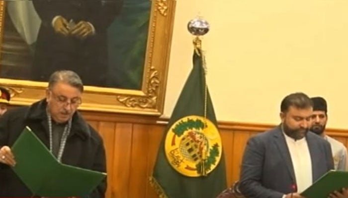 Balochistan Governor Abdul Wali Kakar administers oath to Sarfraz Bugti as provinces chief minister at the Governor House on March 2, 2024, in this still taken from a video. — YouTube/PTV News Live