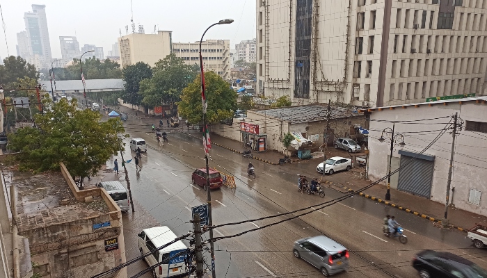 A view of I.I. Chundrigar Road in Karachi after a brief spell of rain on March 1, 2024. —Geo.tv