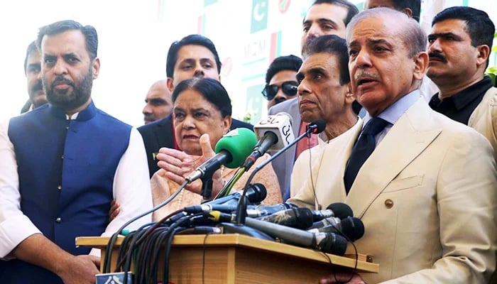 PML-N President Shehbaz Sharif (right) addresses the media after a meeting with MQM-P leaders ahead of the upcoming 2024 general elections in Karachi, on December 29, 2023. — Online