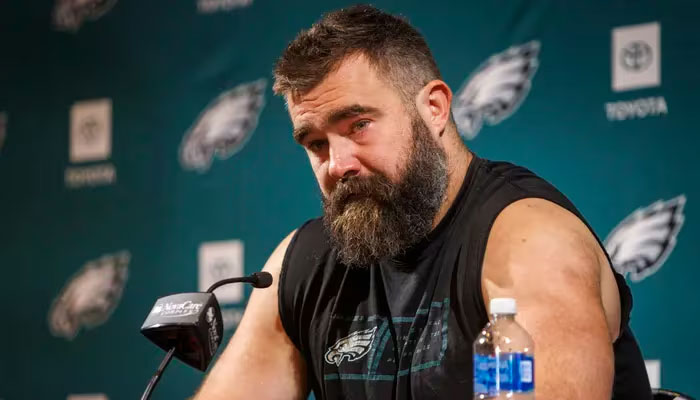 Teary-eyed Philadelphia Eagles centre Jason Kelce during his retirement announcement. — The Philadelphia Inquirer/File