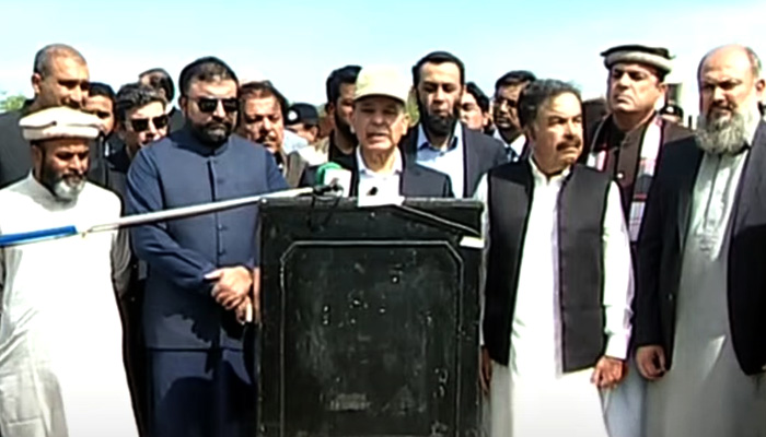 PM Shehbaz Sharif speaking to the media in Gwadar, Balochistan on March 5, 2024 in this still taken from a video. — Geo News