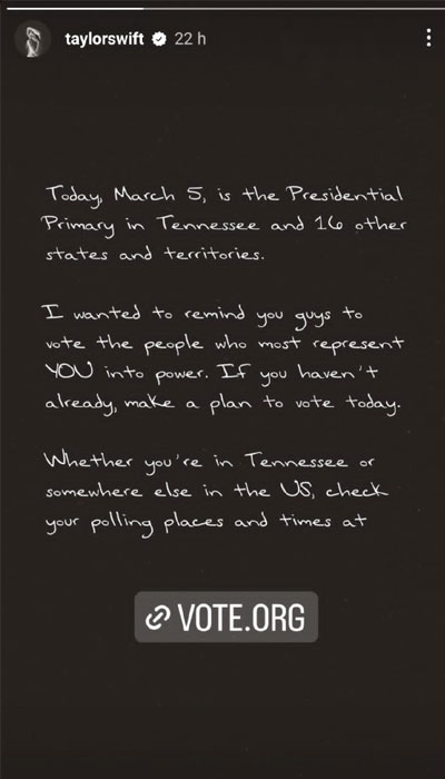 Taylor Swift reminds fans to ‘vote today’ in the presidential primaries
