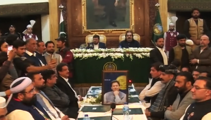 Fifteen Khyber Pakhtunkhwa ministers during the oath taking ceremony in Peshawar, on March 6, 2024, in this still taken from a video. — YouTube/Geo News
