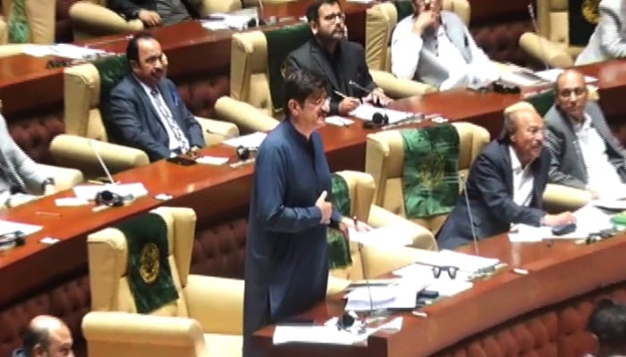 CM Murad Ali Shah tables the resolution to delcare late PPP founder ZA Bhutto National Democratic Hero in Sindh Assembly on March 7, 2024, in this still taken from a video. — Reporter