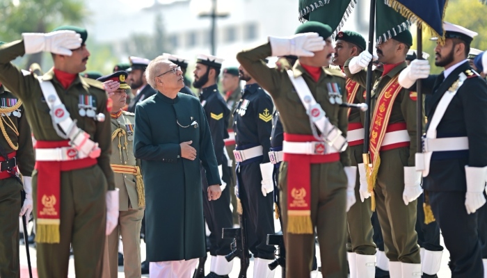 President Dr Arif Alvi is being presented with a farewell guard of honour in Islamabad on March 8, 2024. — @PresOfPakistan/X