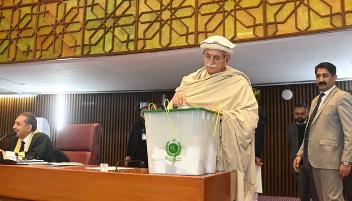PTI-backed SIC presidential candidate Mahmood Khan Achakzai casts his vote during the presidential election in the National Assembly, on March 9, 2024. — X/@NAofPakistan