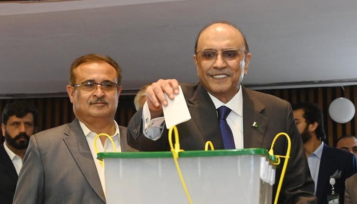 President-elect Asif Ali Zardari casts his vote during the presidential election in the National Assembly, on March 9, 2024. — X/@NAofPakistan