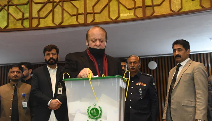 PML-N supremo Nawaz Sharif casts his vote during the presidential election in the National Assembly, on March 9, 2024. — X/@NAofPakistan