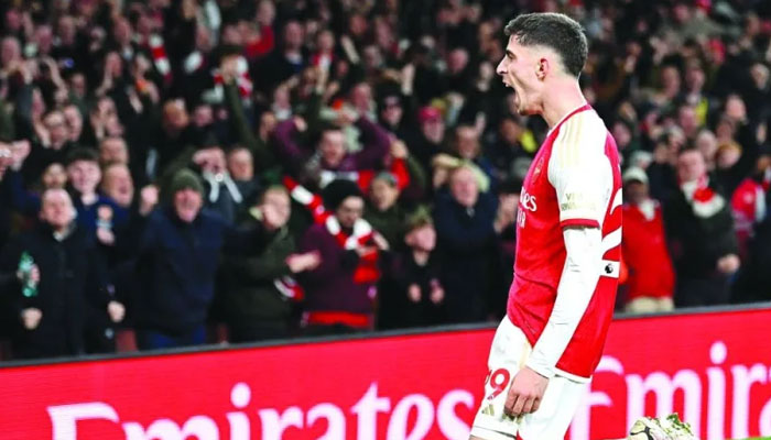Arsenal’s Kai Havertz celebrates scoring during the Premier League match against Brentford in London. — AFP