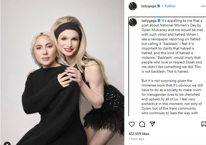 Lady Gaga breaks silence after Dylan Mulvaney slammed for Women's Day post