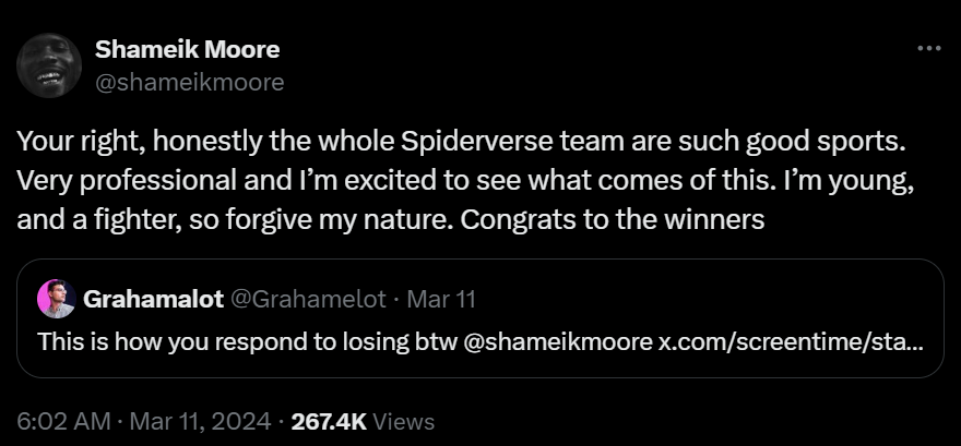 Spider-Verse star Shameik Moore seeks apology for sore reaction to Oscar loss