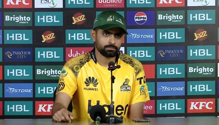 Peshawar Zalmi and former Pakistan captain Babar Azam is answering questions of journalists in Karachi on March 11, 2024. —Screengrab/YouTube/Sports Central