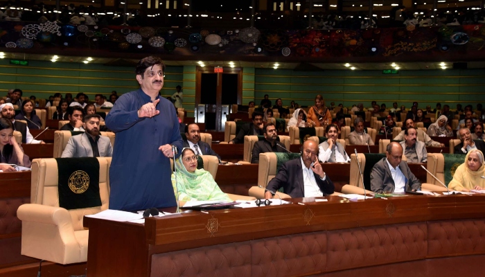 Sindh Chief Minister Syed Murad Ali Shah speaks about a resolution on former prime minister Zulfiqar Ali Bhutto on the floor of the Sindh Assembly in Karachi on March 7, 2024. —PPI