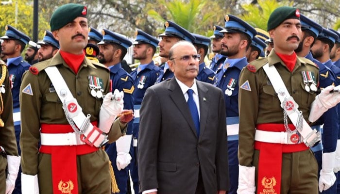 President Asif Ali Zardari inspecting the guard of honour, at the Aiwan-e-Sadr in Islamabad on March 11, 2024. — X/@PresOfPakistan