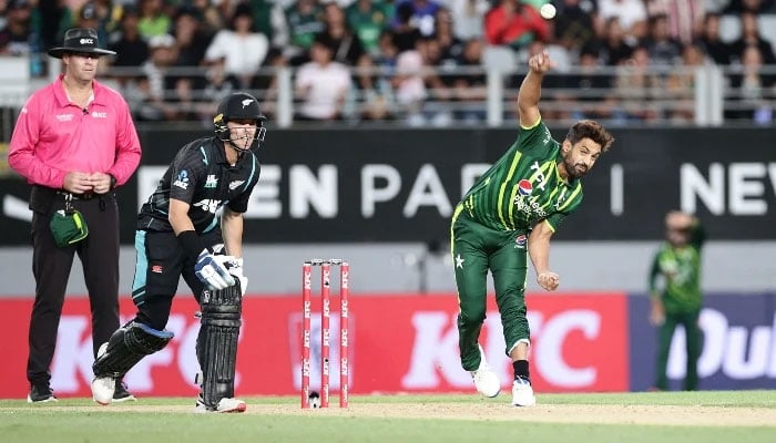 Haris Rauf bowls during the first Twenty20 international cricket match between New Zealand and Pakistan at Eden Park in Auckland on January 12, 2024. —AFP