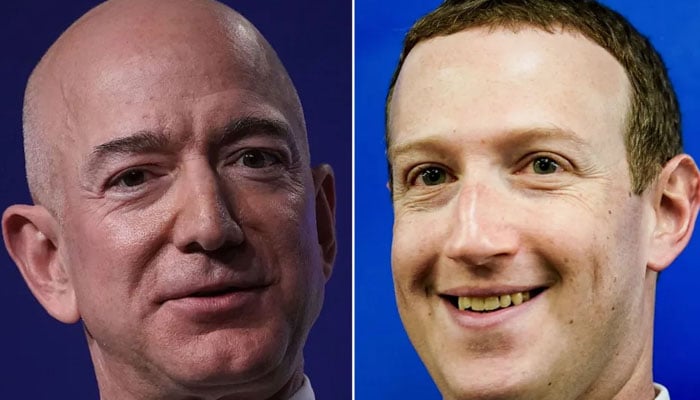 Mark Zuckerberg and Jeff Bezos gesture during separate gatherings. — AFP/File