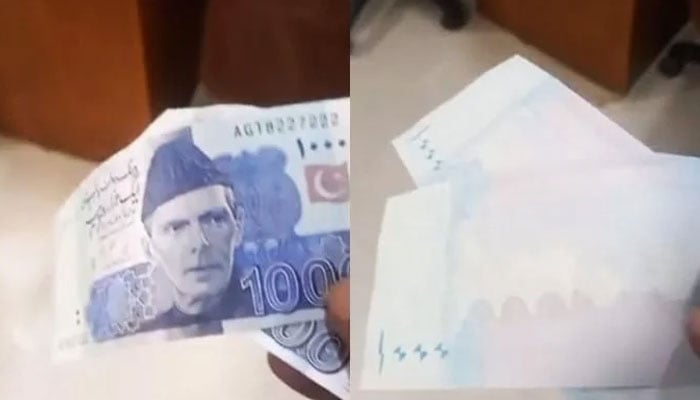 A screengrab was take from a video containing the alleged fake notes. — Geo News
