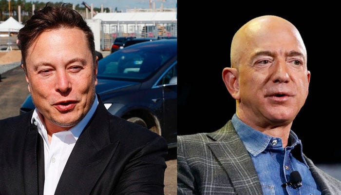 Elon Musk and Jeff Bezos gesture during separate gatherings. — AFP/File